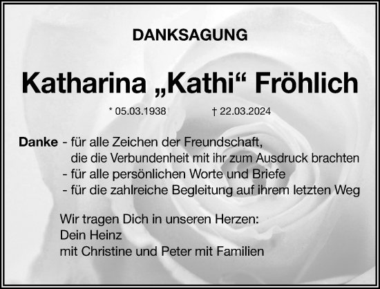 Traueranzeige von Katharina Fröhlich von Gesamtausgabe Nürnberger Nachrichten/ Nürnberger Ztg.