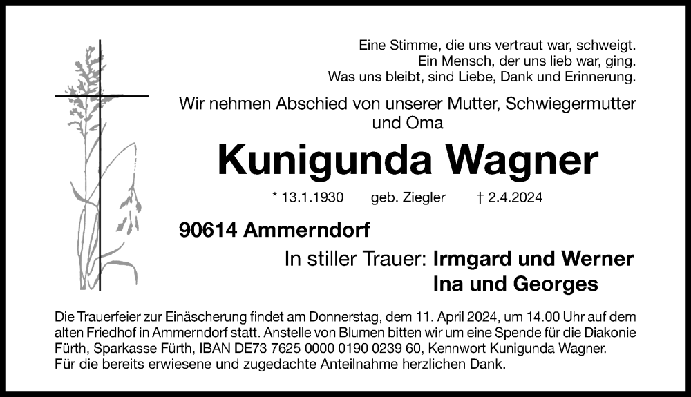 Traueranzeigen von Kunigunda Wagner | trauer.nn.de