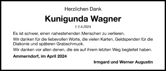 Traueranzeige von Kunigunda Wagner von Gesamtausgabe Nürnberger Nachrichten/ Nürnberger Ztg.