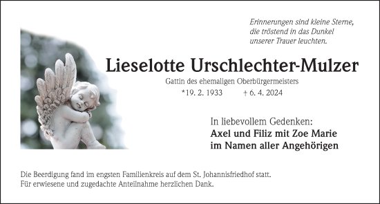 Traueranzeige von Lieselotte Urschlechter-Mulzer von Gesamtausgabe Nürnberger Nachrichten/ Nürnberger Ztg.