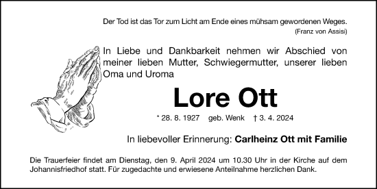 Traueranzeige von Lore Ott von Gesamtausgabe Nürnberger Nachrichten/ Nürnberger Ztg./ Fürther Nachrichten