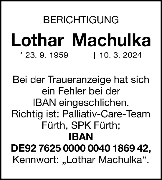 Traueranzeige von Lothar Machulka von Fürther Nachrichten Lokal