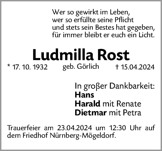 Traueranzeige von Ludmilla Rost von Gesamtausgabe Nürnberger Nachrichten/ Nürnberger Ztg.
