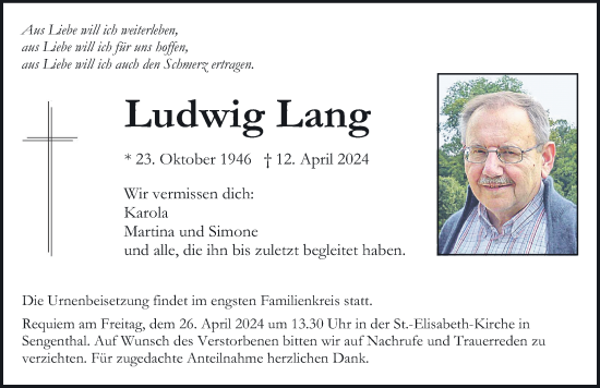 Traueranzeige von Ludwig Lang von Neumarkter Nachrichten Lokal