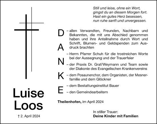 Traueranzeige von Luise Loos von Altmühl-Bote Lokal