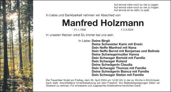 Traueranzeige von Manfred Holzmann von Nordbayerische Nachrichten Forchheim Lokal