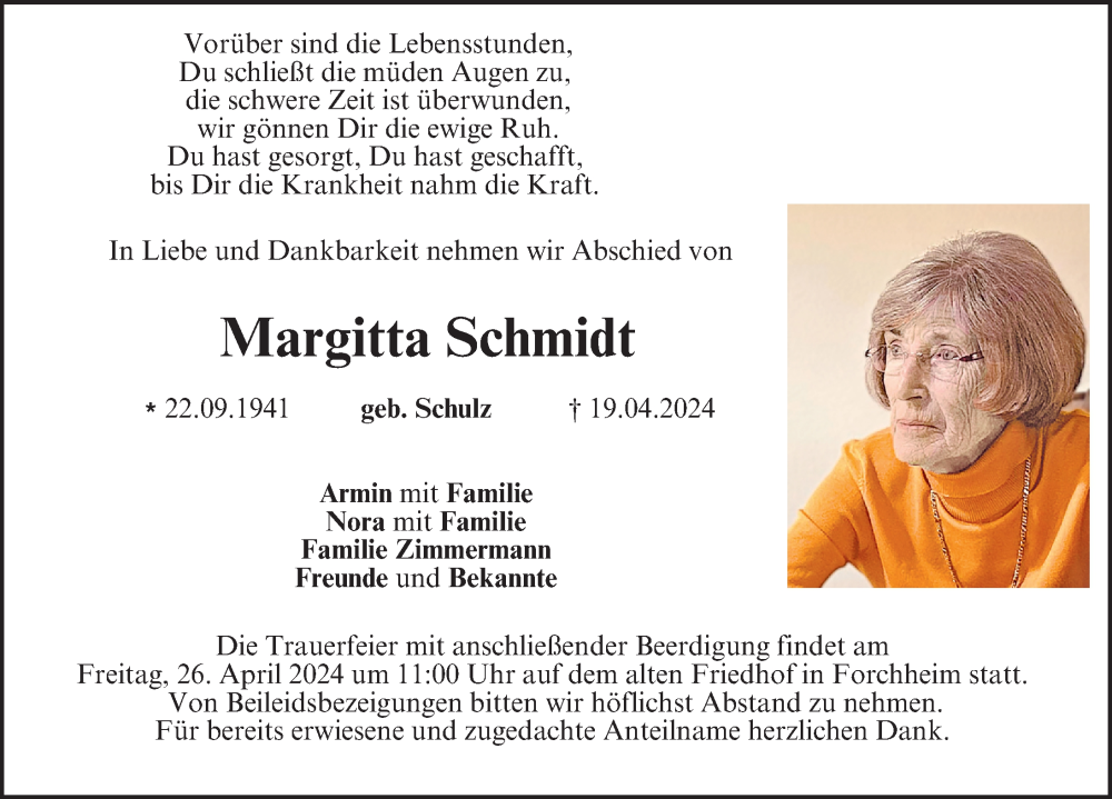  Traueranzeige für Margitta Schmidt vom 24.04.2024 aus Nordbayerische Nachrichten Forchheim Lokal