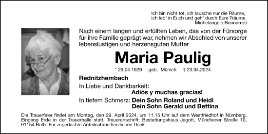 Traueranzeige von Maria Paulig von Gesamtausgabe Nürnberger Nachrichten/ Nürnberger Ztg.