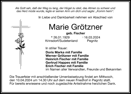 Traueranzeige von Marie Grötzner von Nordbayerische Nachrichten Pegnitz Lokal