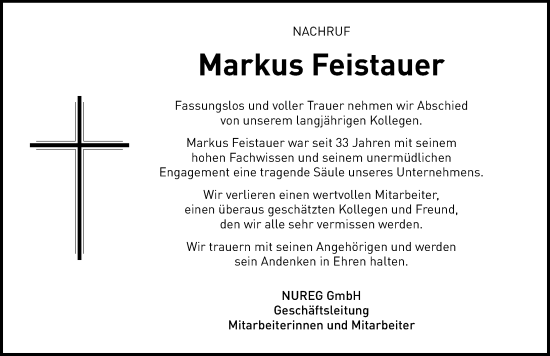 Traueranzeige von Markus Feistauer von Gesamtausgabe Nürnberger Nachrichten/ Nürnberger Ztg.