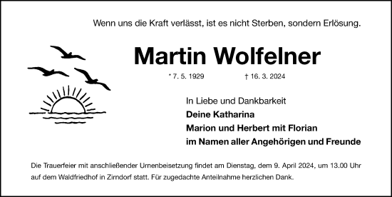 Traueranzeige von Martin Wolfelner von Fürther Nachrichten Lokal