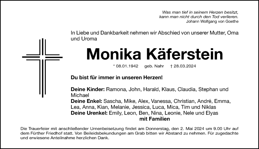  Traueranzeige für Monika Käferstein vom 27.04.2024 aus Fürther Nachrichten Lokal