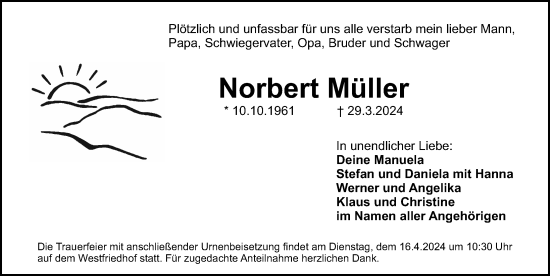 Traueranzeige von Norbert Müller von Gesamtausgabe Nürnberger Nachrichten/ Nürnberger Ztg.