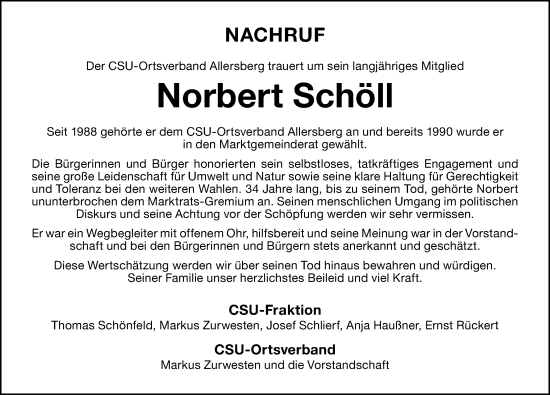 Traueranzeige von Norbert Schöll von Roth-Hilpoltsteiner Volkszeitung Lokal
