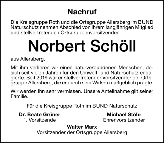 Traueranzeige von Norbert Schöll von Roth-Hilpoltsteiner Volkszeitung Lokal