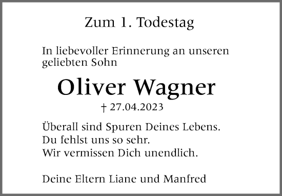 Traueranzeige von Oliver Wagner von Gesamtausgabe Nürnberger Nachrichten/ Nürnberger Ztg.