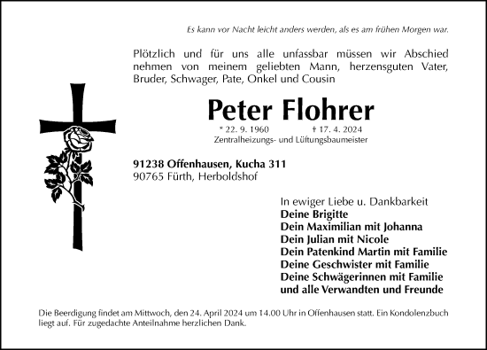Traueranzeige von Peter Flohrer von Gesamtausgabe Nürnberger Nachrichten/ Nürnberger Ztg.