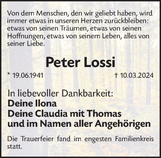 Traueranzeige von Peter Lossi von Gesamtausgabe Nürnberger Nachrichten/ Nürnberger Ztg.