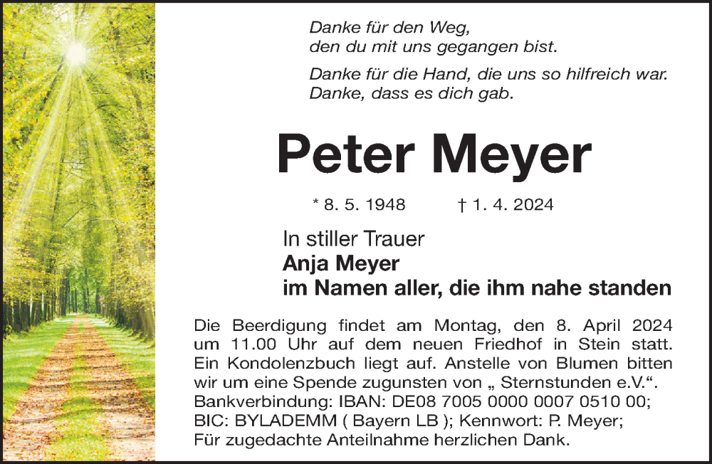  Traueranzeige für Peter Meyer vom 06.04.2024 aus Gesamtausgabe Nürnberger Nachrichten/ Nürnberger Ztg.