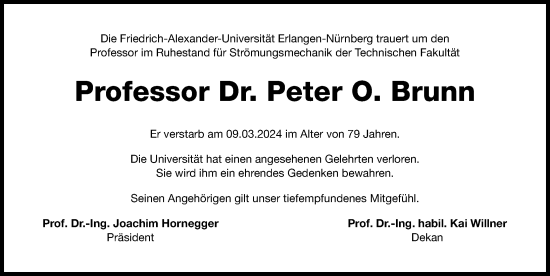 Traueranzeige von Peter Brunn von Gesamtausgabe Nürnberger Nachrichten/ Nürnberger Ztg.
