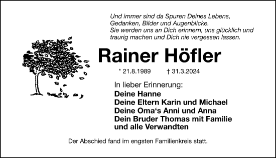 Traueranzeige von Rainer Höfler von Gesamtausgabe Nürnberger Nachrichten/ Nürnberger Ztg.