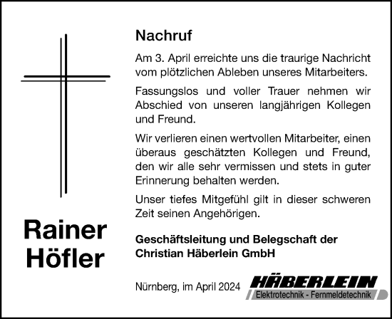 Traueranzeige von Rainer Höfler von Gesamtausgabe Nürnberger Nachrichten/ Nürnberger Ztg.
