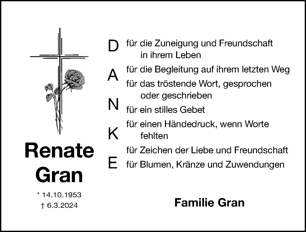  Traueranzeige für Renate Gran vom 27.04.2024 aus Fürther Nachrichten Lokal