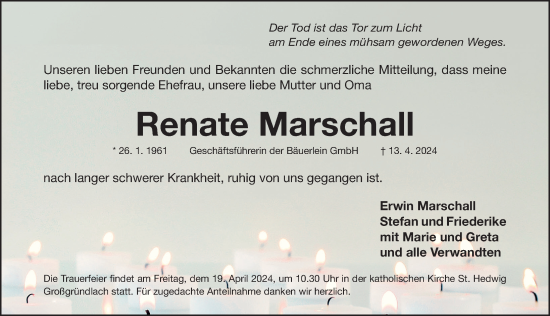 Traueranzeige von Renate Marschall von Gesamtausgabe Nürnberger Nachrichten/ Nürnberger Ztg.