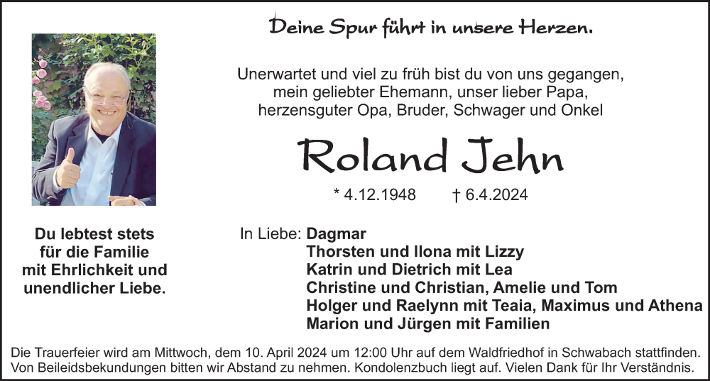  Traueranzeige für Roland Jehn vom 09.04.2024 aus Gesamtausgabe Nürnberger Nachrichten/ Nürnberger Ztg.