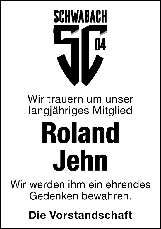 Traueranzeige von Roland Jehn von Schwabacher Tagblatt Lokal