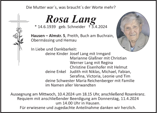 Traueranzeige von Rosa Lang von Roth-Hilpoltsteiner Volkszeitung Lokal
