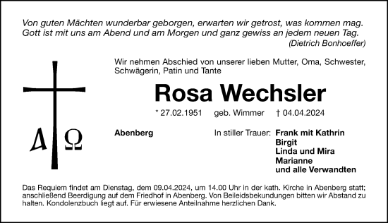 Traueranzeige von Rosa Wechsler von Schwabacher Tagblatt Lokal