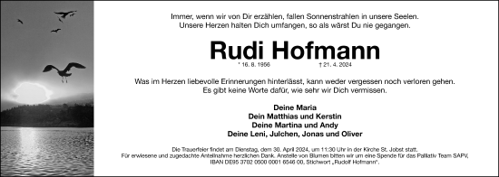 Traueranzeige von Rudi Hofmann von Gesamtausgabe Nürnberger Nachrichten/ Nürnberger Ztg.