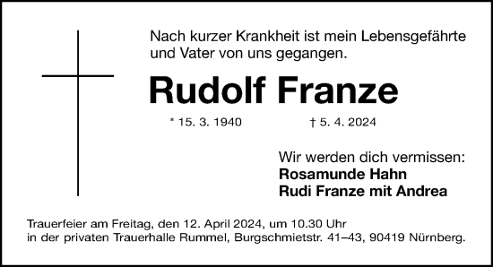 Traueranzeige von Rudolf Franze von Gesamtausgabe Nürnberger Nachrichten/ Nürnberger Ztg.