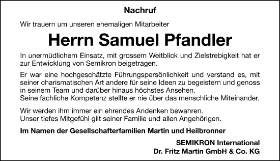Traueranzeige von Samuel Pfandler von Gesamtausgabe Nürnberger Nachrichten/ Nürnberger Ztg.