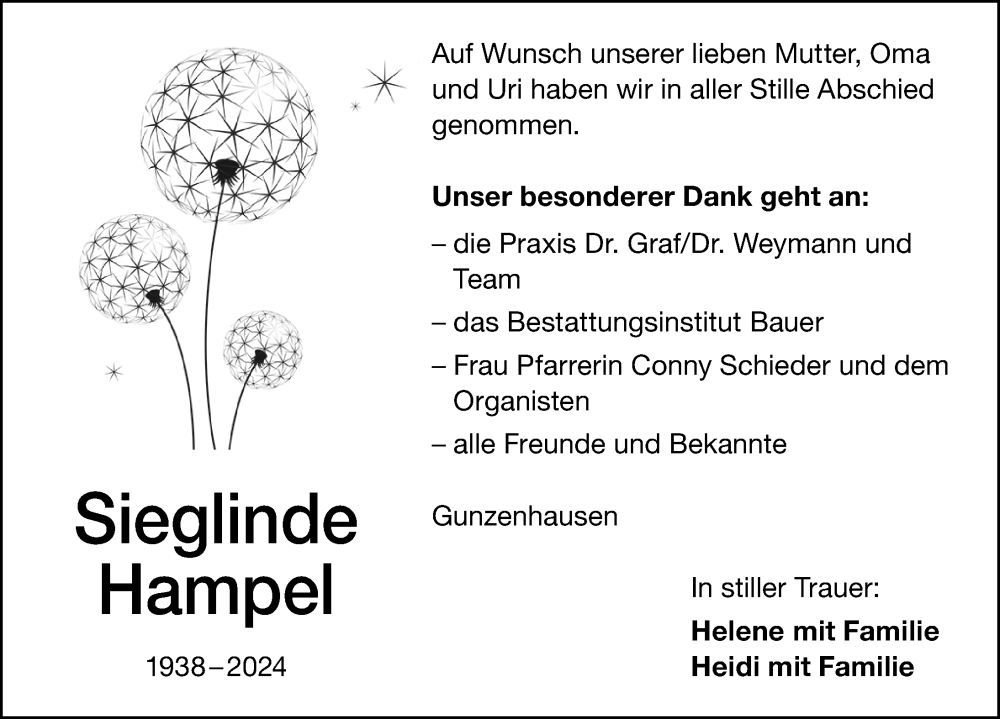  Traueranzeige für Sieglinde Hampel vom 17.04.2024 aus Altmühl-Bote Lokal