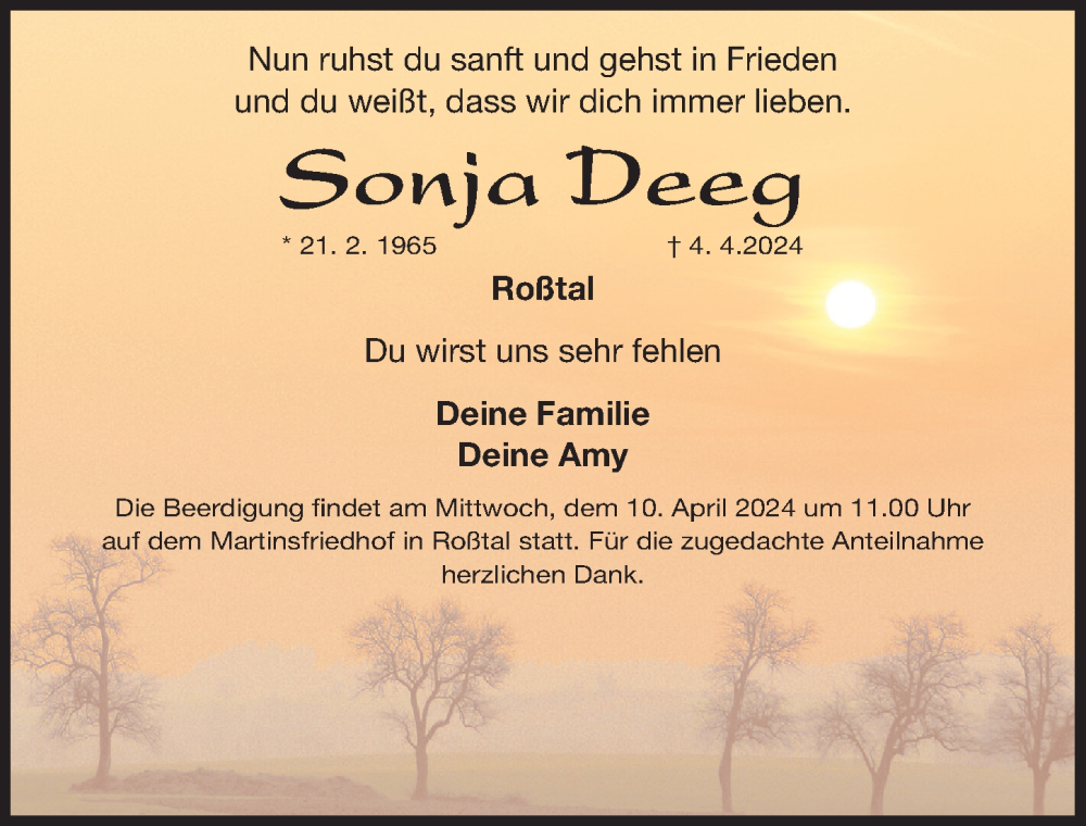  Traueranzeige für Sonja Deeg vom 06.04.2024 aus Fürther Nachrichten Lokal