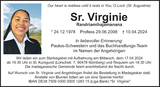 Traueranzeige von Sr Virginie von Gesamtausgabe Nürnberger Nachrichten/ Nürnberger Ztg.