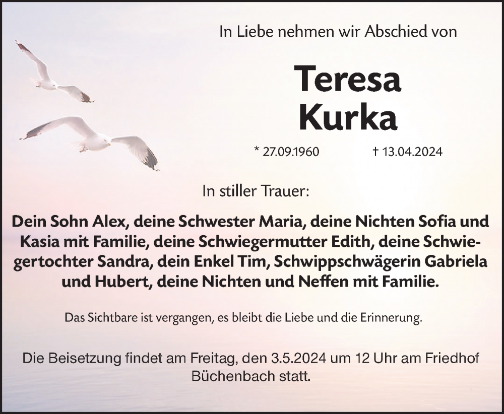  Traueranzeige für Teresa Kurka vom 27.04.2024 aus Erlanger Nachrichten Lokal