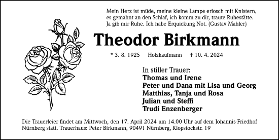 Traueranzeige von Theodor Birkmann von Gesamtausgabe Nürnberger Nachrichten/ Nürnberger Ztg.