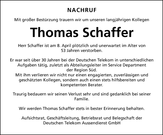Traueranzeige von Thomas Schaffer von Gesamtausgabe Nürnberger Nachrichten/ Nürnberger Ztg.