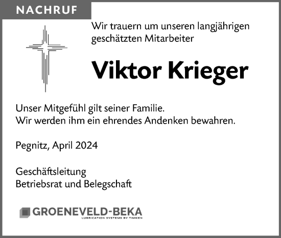 Traueranzeige von Viktor Krieger von Nordbayerische Nachrichten Pegnitz Lokal