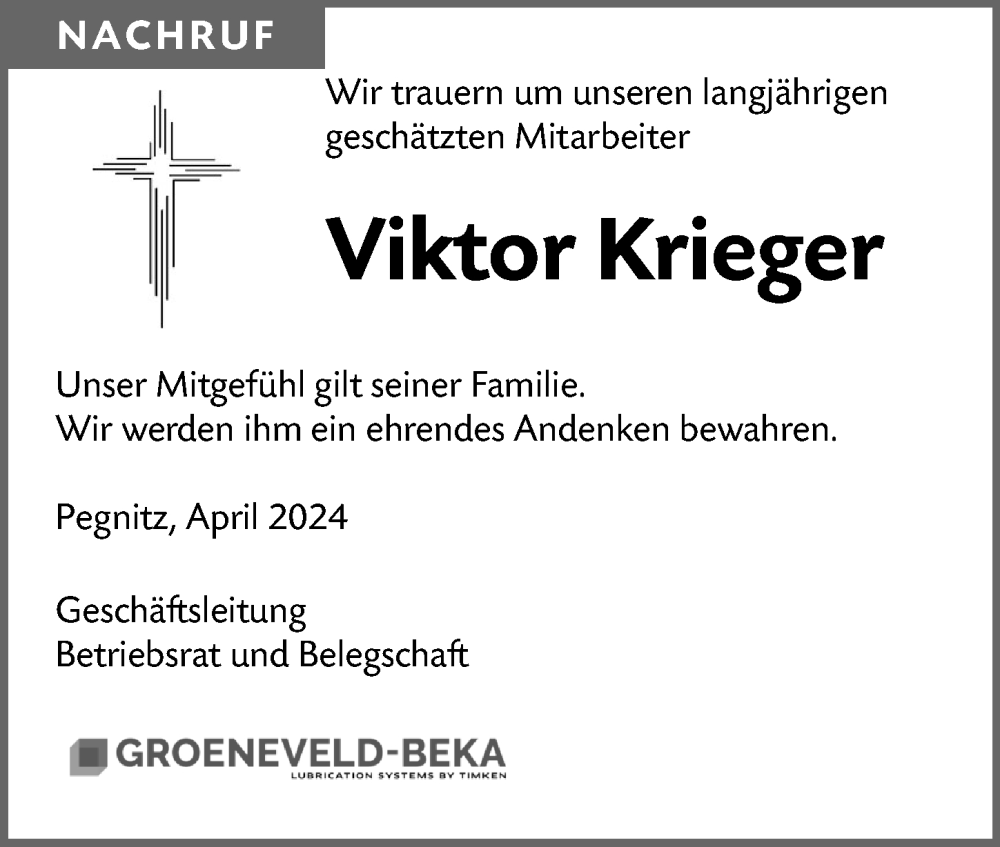  Traueranzeige für Viktor Krieger vom 05.04.2024 aus Nordbayerische Nachrichten Pegnitz Lokal