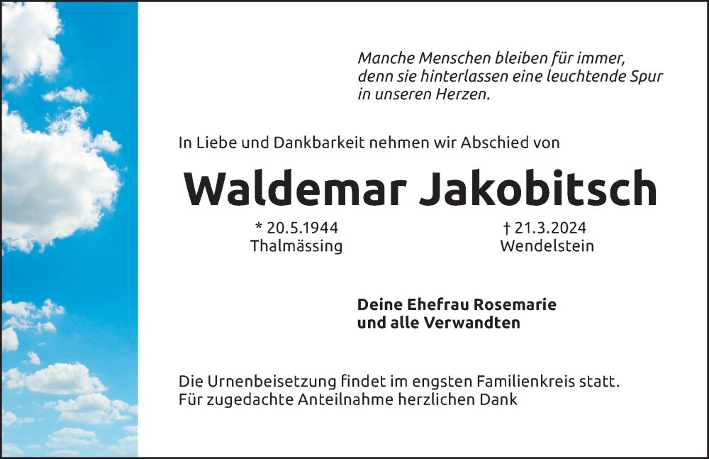  Traueranzeige für Waldemar Jakobitsch vom 13.04.2024 aus Schwabacher Tagblatt Lokal