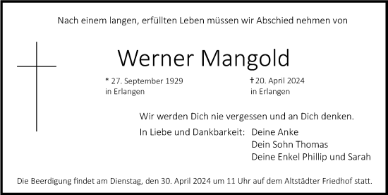 Traueranzeige von Werner Mangold von Erlanger Nachrichten Lokal