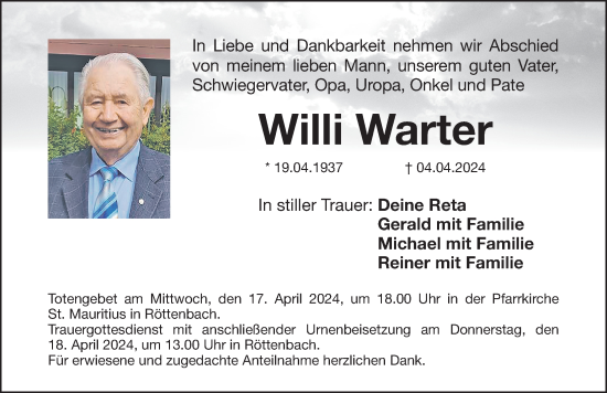 Traueranzeige von Willi Warter von Nordbayerische Nachrichten Herzogenaurach Lokal