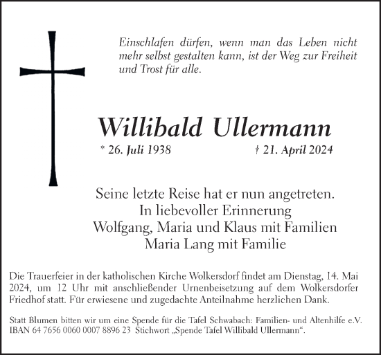 Traueranzeige von Willibald Ullermann von Schwabacher Tagblatt Lokal