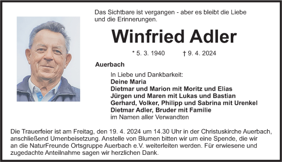 Traueranzeige von Winfried Adler von Nordbayerische Nachrichten Pegnitz Lokal