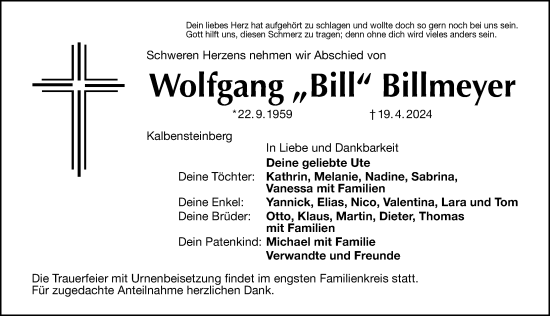 Traueranzeige von Wolfgang Billmeyer von Altmühl-Bote Lokal/ Roth-Hilpoltsteiner Volkszeitung