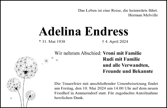 Traueranzeige von Adelina Endress von Fürther Nachrichten Lokal